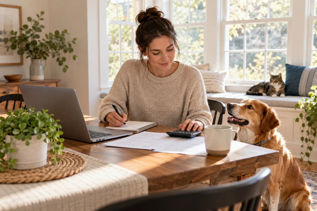 Owner comparing papers at a table with a dog nearby and a cat behind her